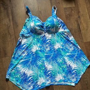 Women's SWIM365 Blue White Palm Print Tankini Top Plus Size 30